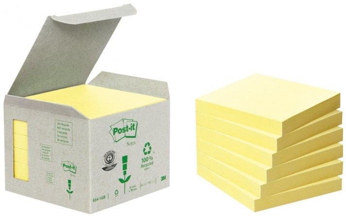 Post-it® Haftnotizen Recycling Notes 654 | Gelb | 100 Blatt/Block | 6er-Pack (654-1B)