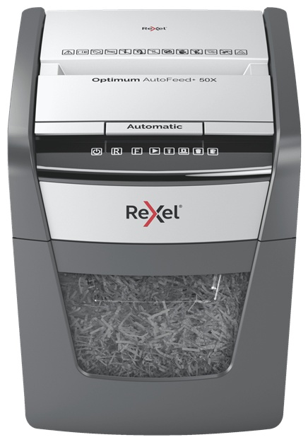 Rexel Optimum AutoFeed+ 50X Aktenvernichter | P-4 Partikelschnitt | 50 Blatt Autofeed | 20 l | Schwarz/Grau