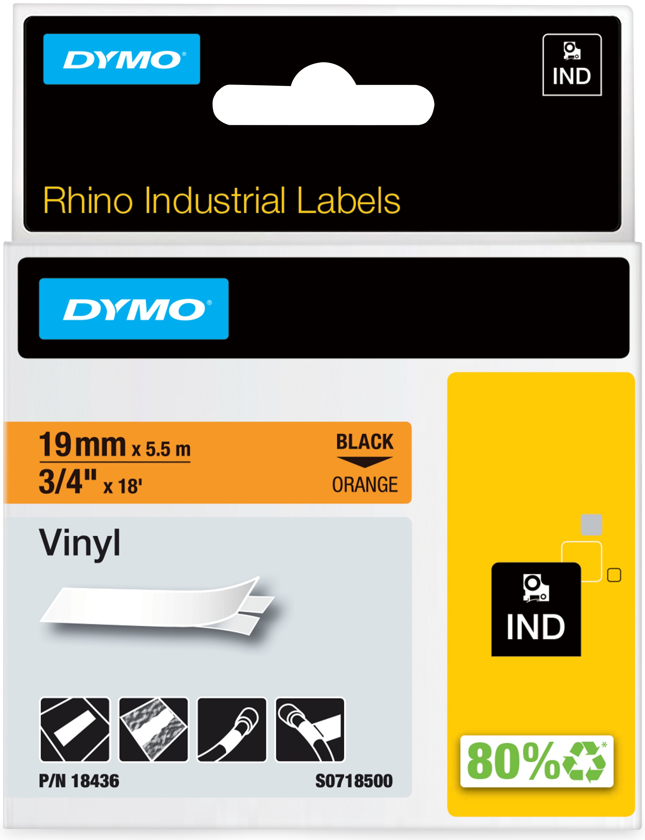 Dymo Schriftband RHINO 18436 | 19 mm | Schwarz auf Orange | 5.5 m