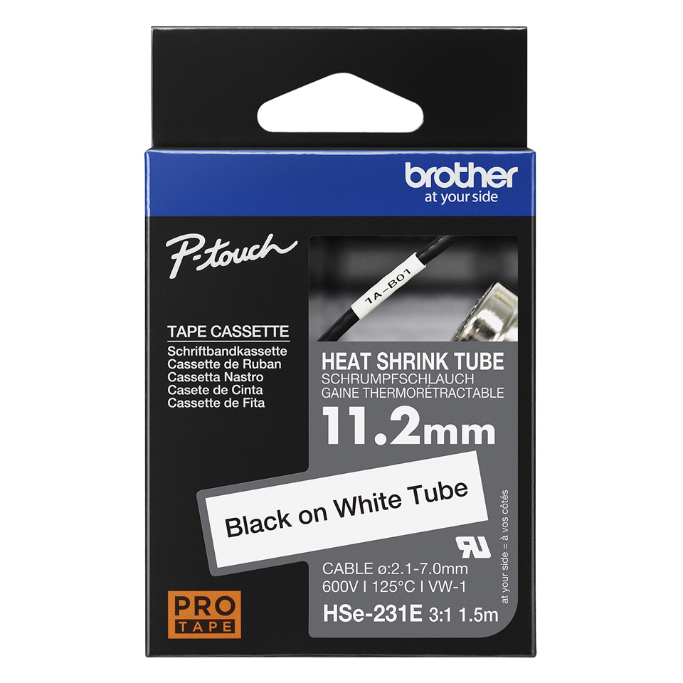 Brother Schrumpfschlauch HSe-231E | 11.2 mm | Schwarz auf Weiß | 1.5 m