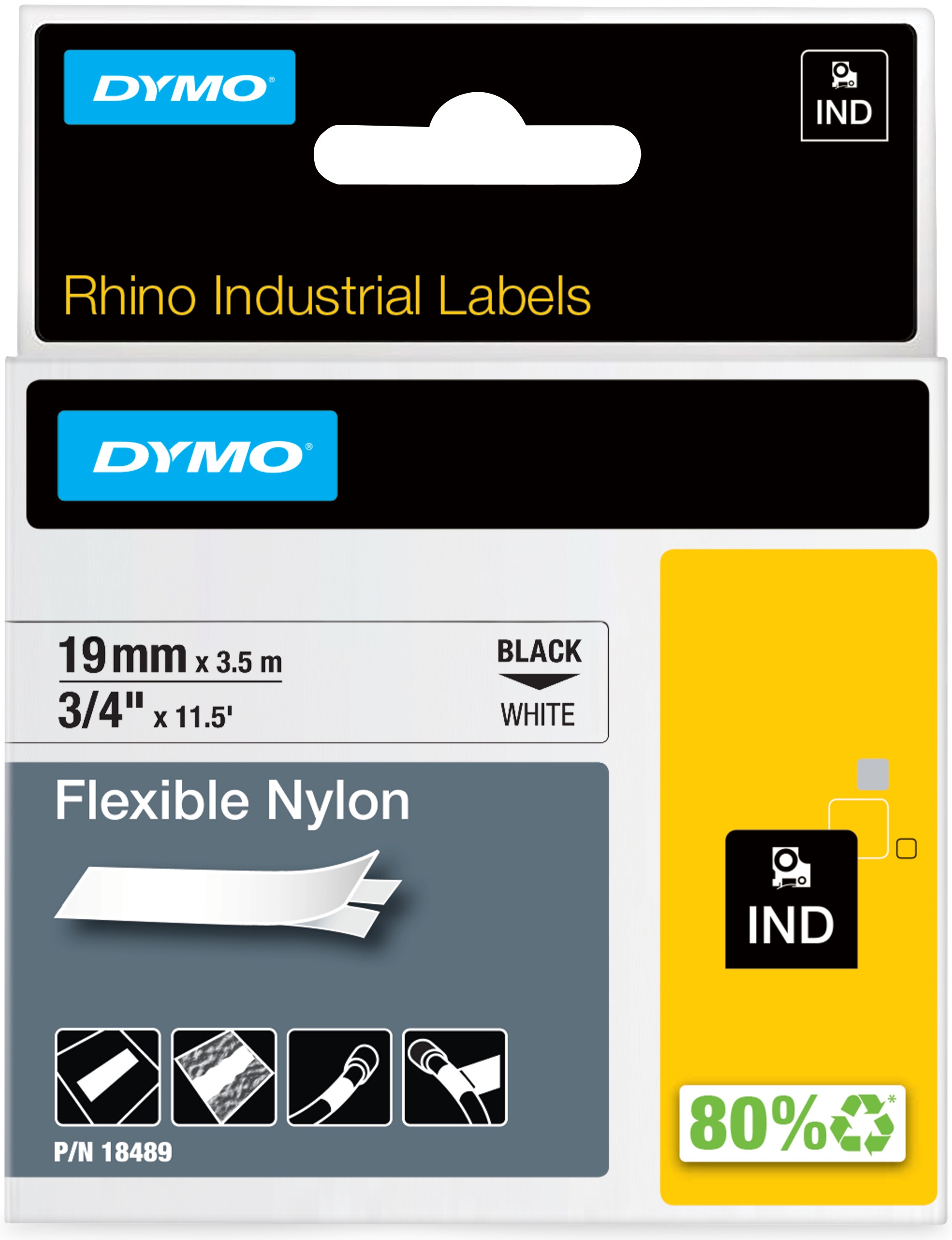 Dymo Schriftband RHINO 18489 | 19 mm | Schwarz auf Weiß | 3.5 m