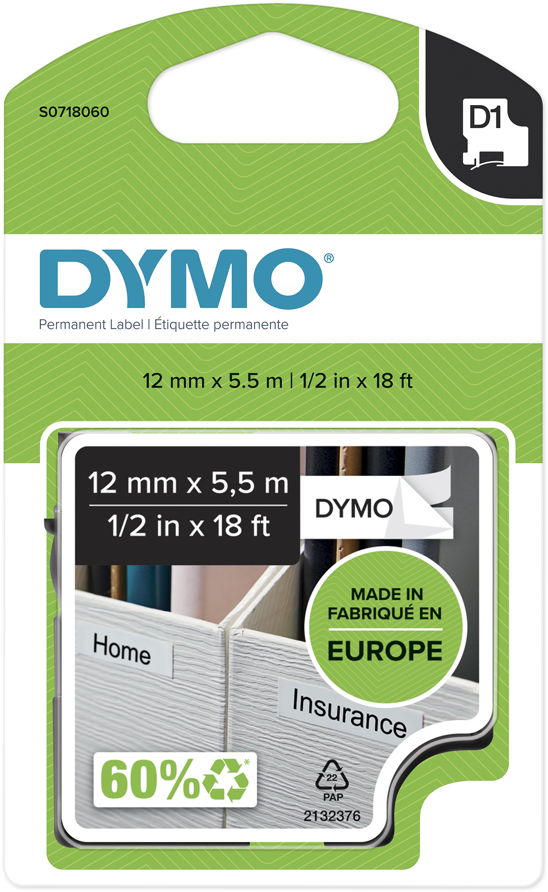 Dymo Schriftband D1 16959 | 12 mm | Schwarz auf Weiß | 5.5 m