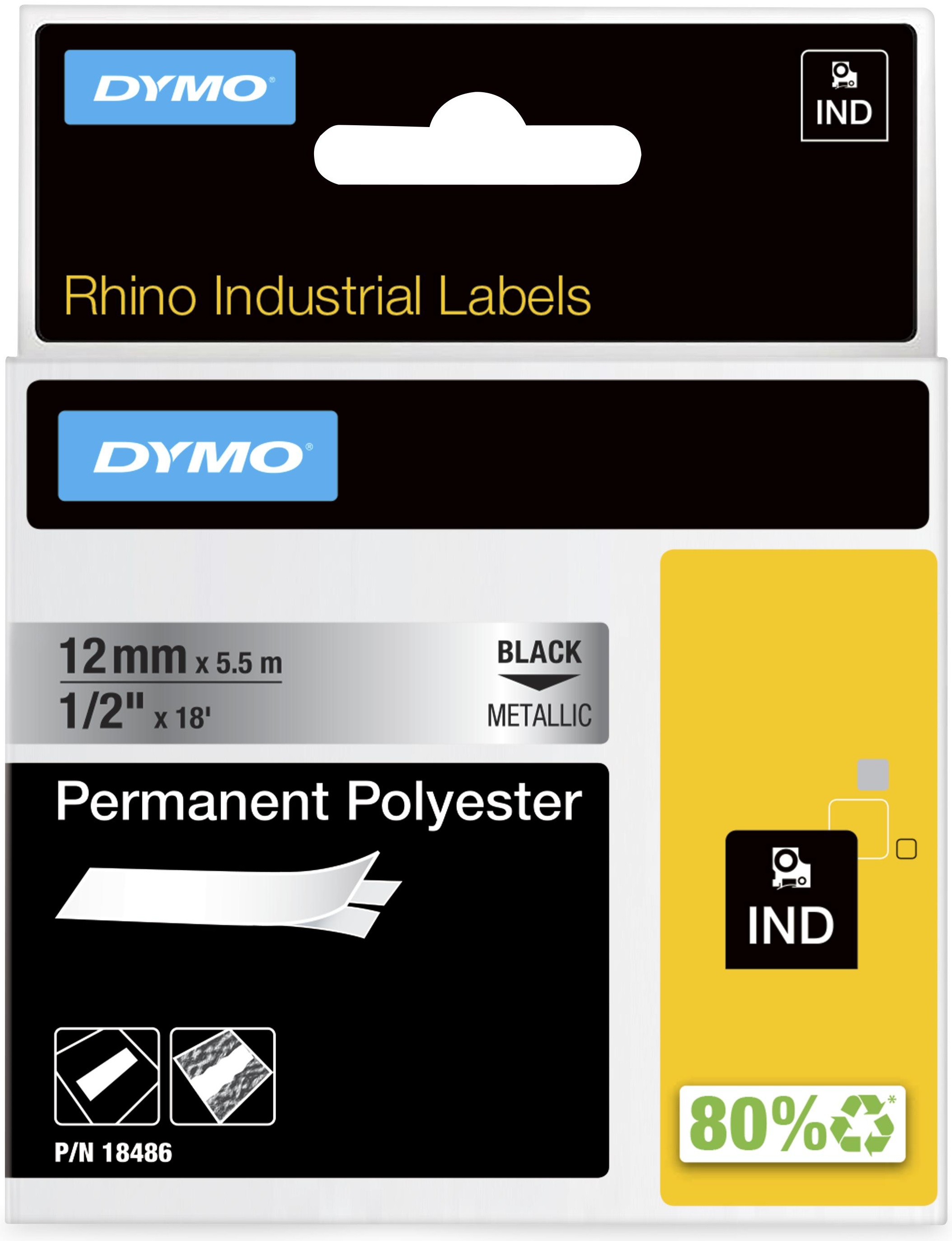 Dymo Schriftband RHINO 18486 | 12 mm | Schwarz auf Silber | 5.5 m
