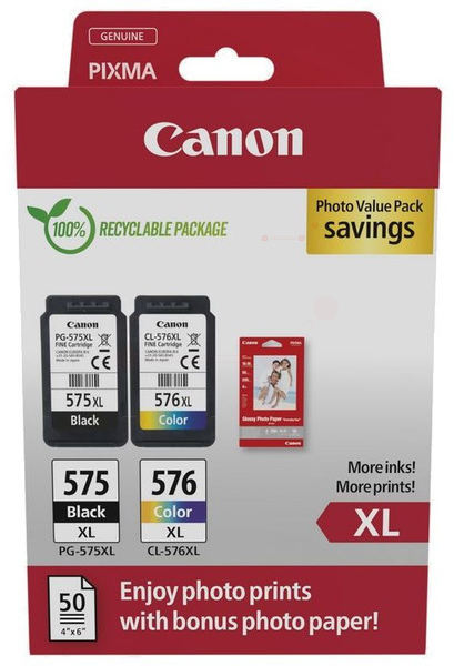Canon PG-575XL/CL-576XL  schwarz, color Druckköpfe + Fotopapier, 2er-Set