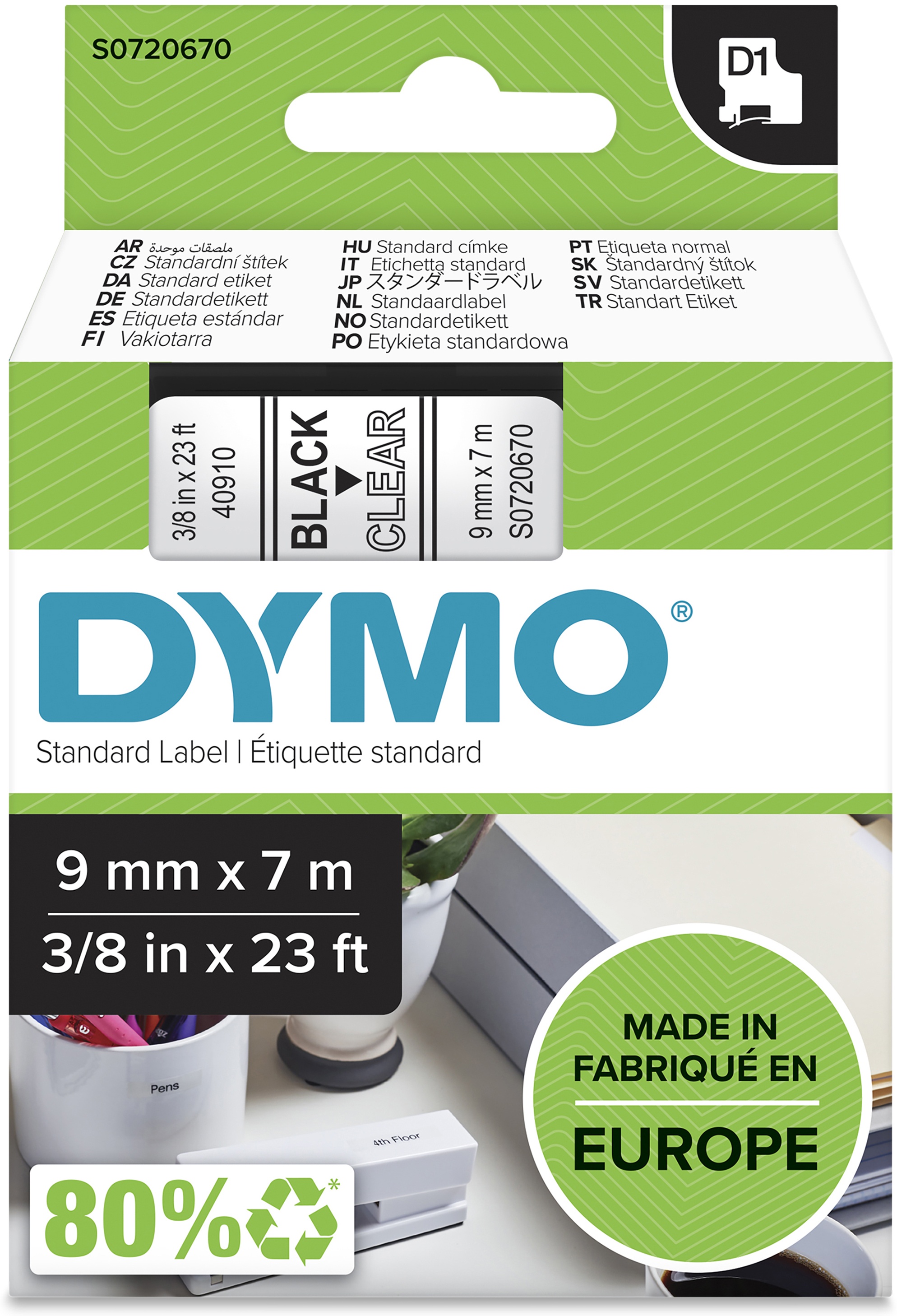 Dymo Schriftband D1 40910 | 9 mm | Schwarz auf Transparent | 7 m