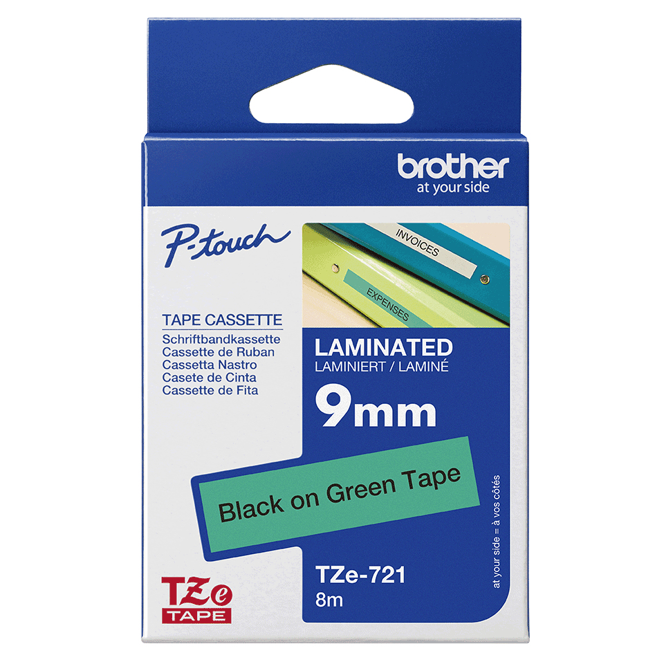 Brother Schriftband TZe-721 | 9 mm | Schwarz auf Grün | 8 m