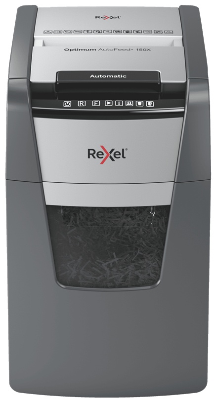 Rexel Optimum AutoFeed+ 150X A Aktenvernichter | P-4 Partikelschnitt | 150 Blatt Autofeed | 44 l | Schwarz/Grau