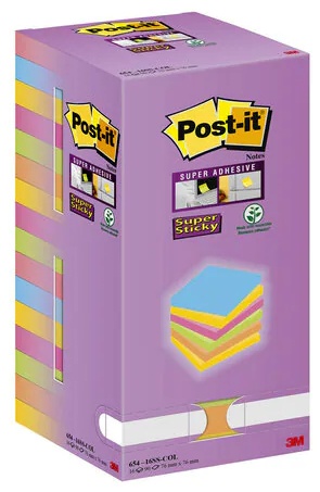 Post-it® Haftnotizen Super Sticky Notes Carnival | Blau, Grün, Orange, Pink, Gelb | 90 Blatt/Block | 16er-Pack