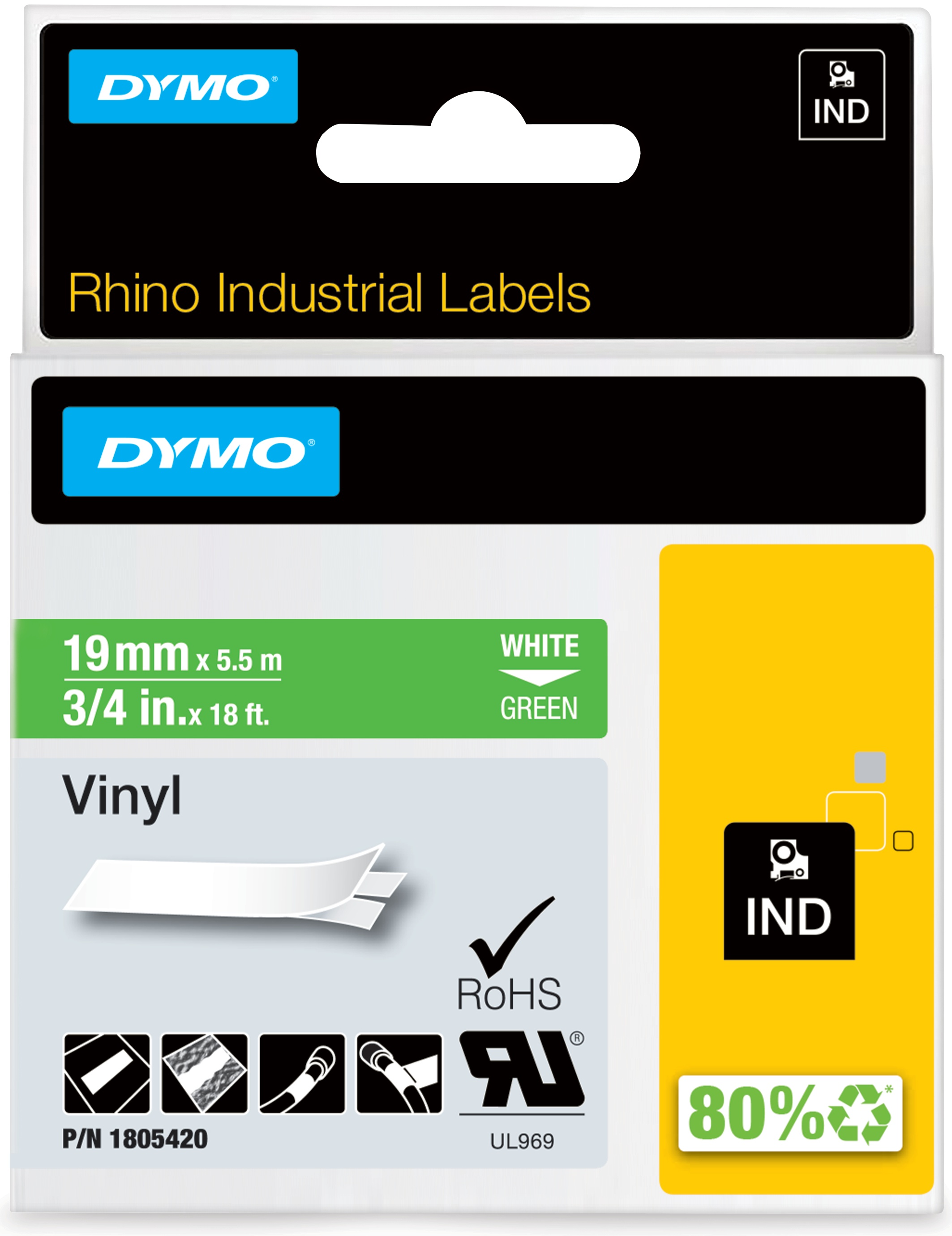 Dymo Schriftband RHINO 1805420 | 19 mm | Weiß auf Grün | 5.5 m