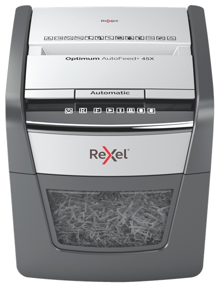 Rexel AutoFeed 45X Aktenvernichter | P-4 Partikelschnitt | 45 Blatt Autofeed | 20 l | Schwarz/Silber