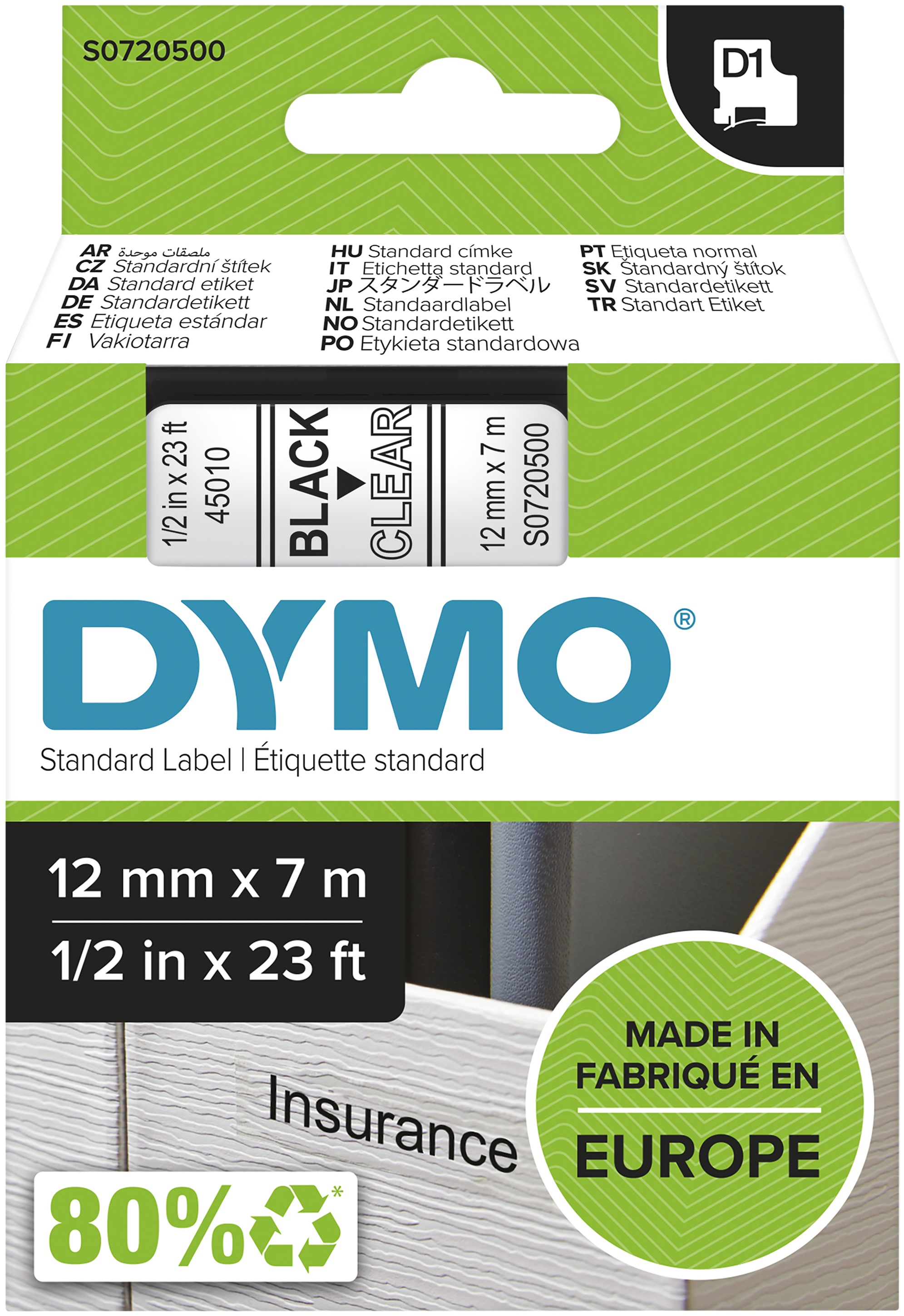 Dymo Schriftband D1 45010 | 12 mm | Schwarz auf Transparent | 7 m
