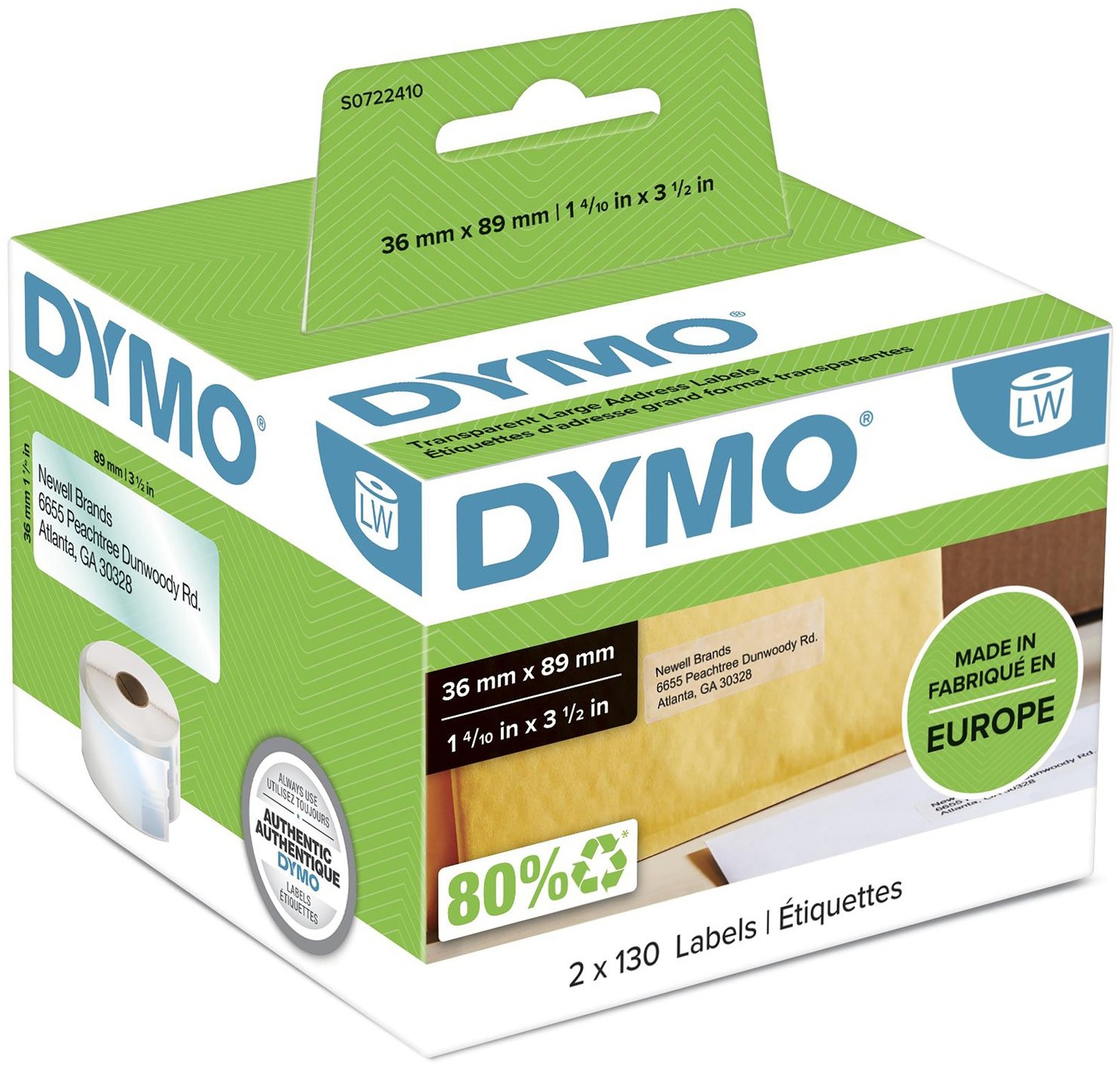 Dymo Etikettenrolle S0722400 (12 Rollen) | 89x36 mm | Weiß