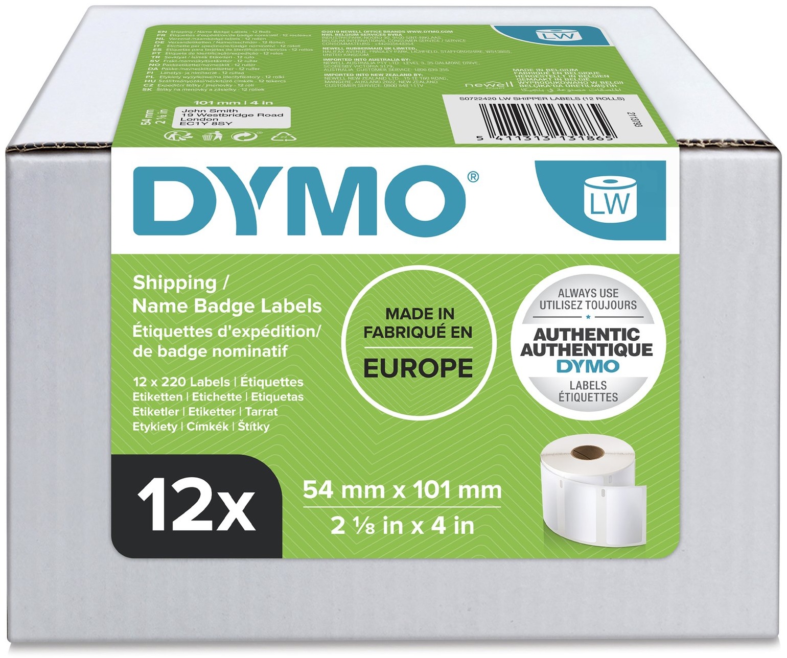 Dymo Etikettenrolle S0722420 (12 Rollen) | 54x101 mm | Weiß | Papier