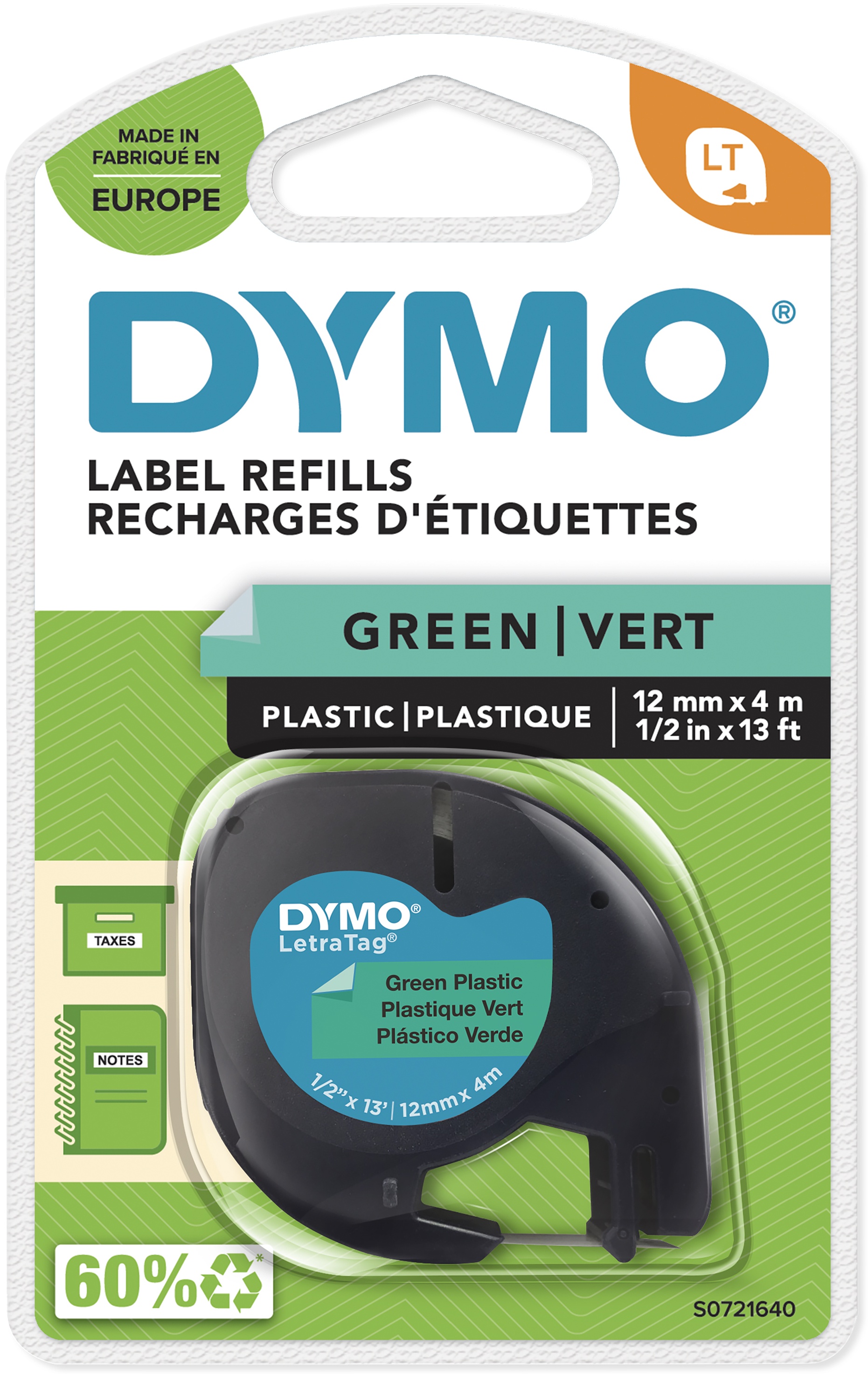 Dymo Schriftband LetraTag 91224 | 12 mm | Schwarz auf Grün | 4 m