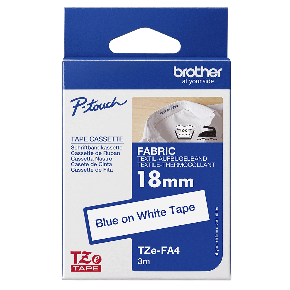 Brother Bügelband TZe-FA4 | 18 mm | Blau auf Weiß | 3 m
