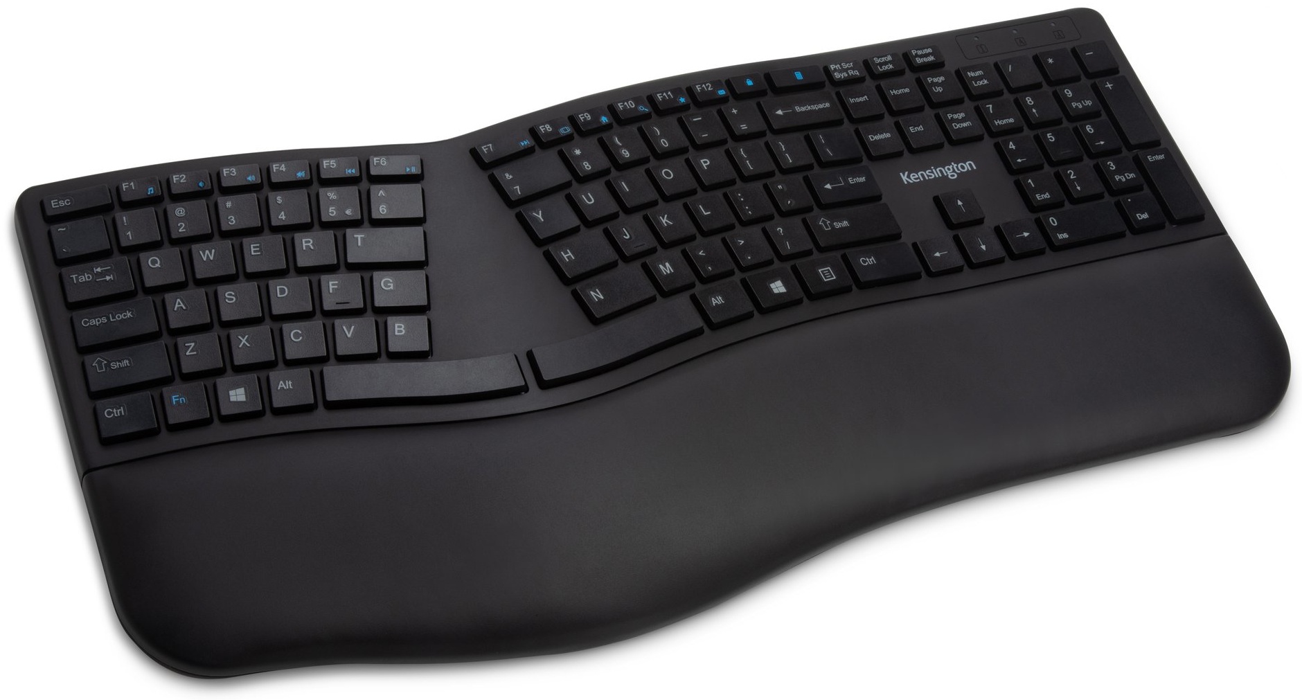 Kensington Pro Fit Ergo Ergonomische Tastatur | Funk + Bluetooth | QWERTZ (DE) | mit Ziffernblock | 2× AAA-Batterie | Schwarz