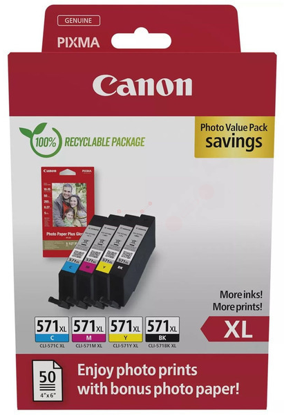 Canon CLI-571 XL C/M/Y/BK  schwarz, cyan, magenta, gelb Druckerpatronen + Fotopapier