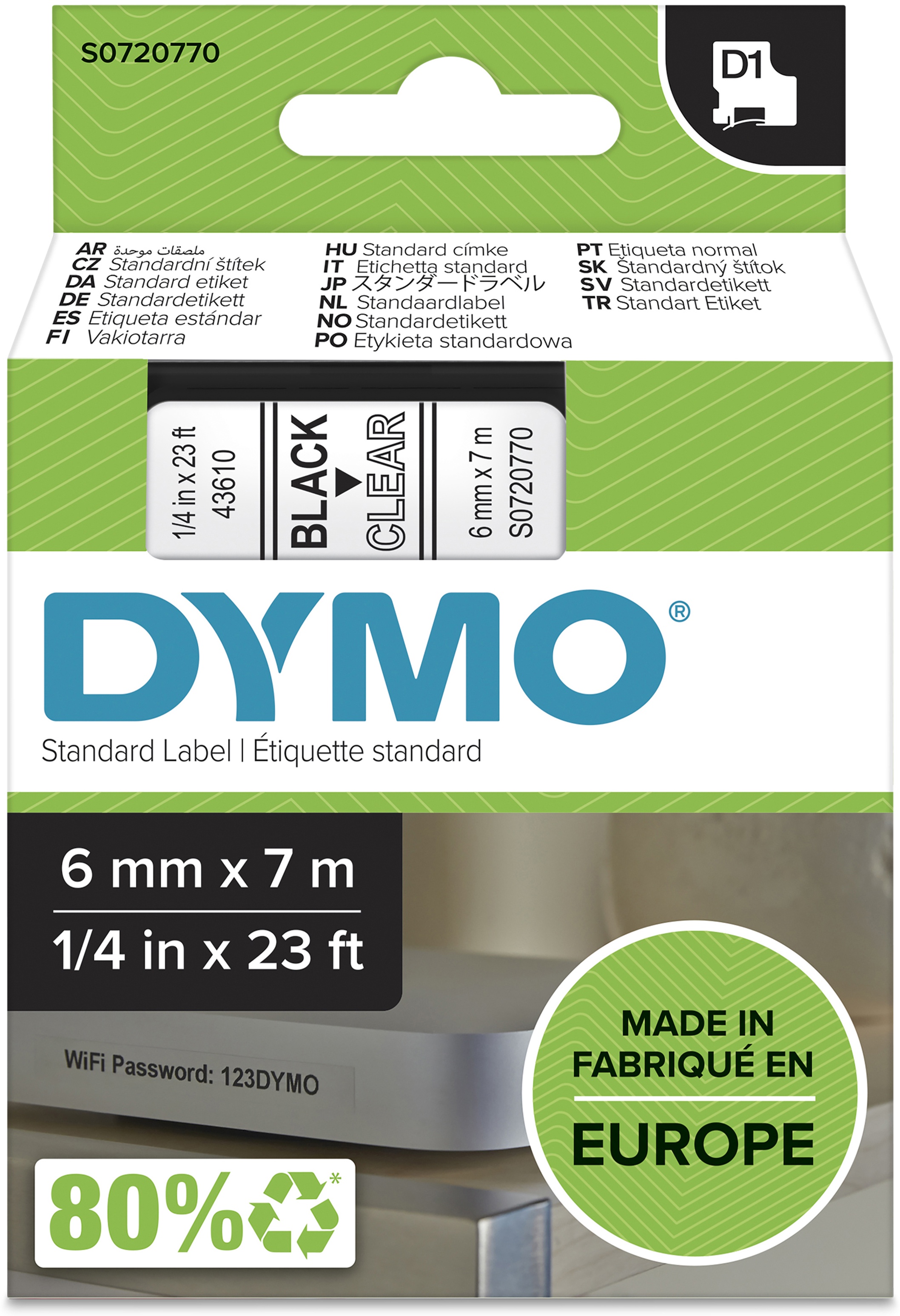 Dymo Schriftband D1 43610 | 6 mm | Schwarz auf Transparent | 7 m