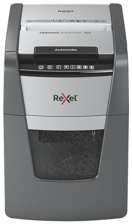 Rexel AutoFeed+ 90X Aktenvernichter | P-4 Partikelschnitt | 90 Blatt Autofeed | 34 l | Schwarz/Grau
