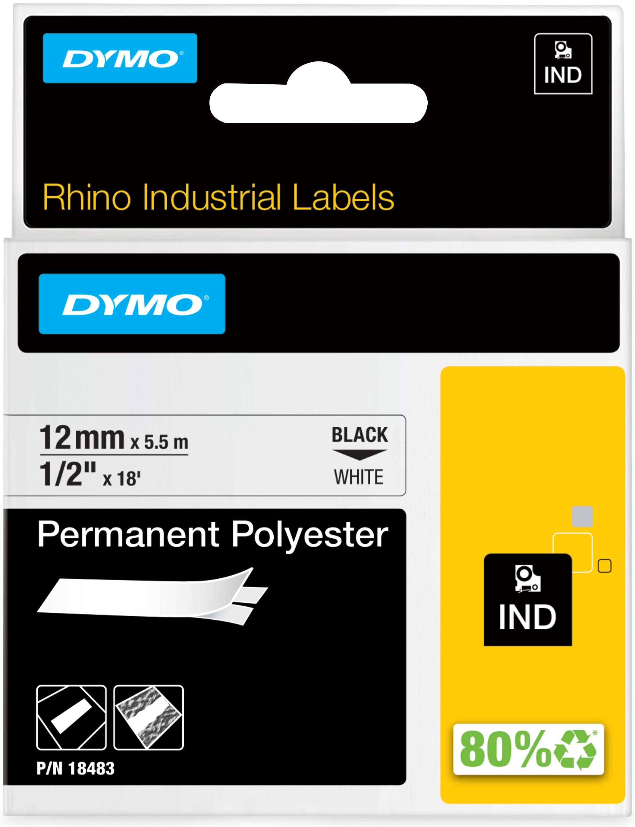 Dymo Schriftband RHINO 18483 | 12 mm | Schwarz auf Weiß | 5.5 m