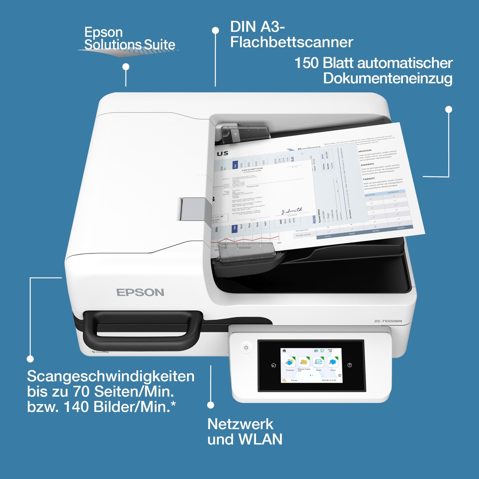 Epson WorkForce DS-71000WN Dokumentenscanner | A4 | ADF 150 Blatt