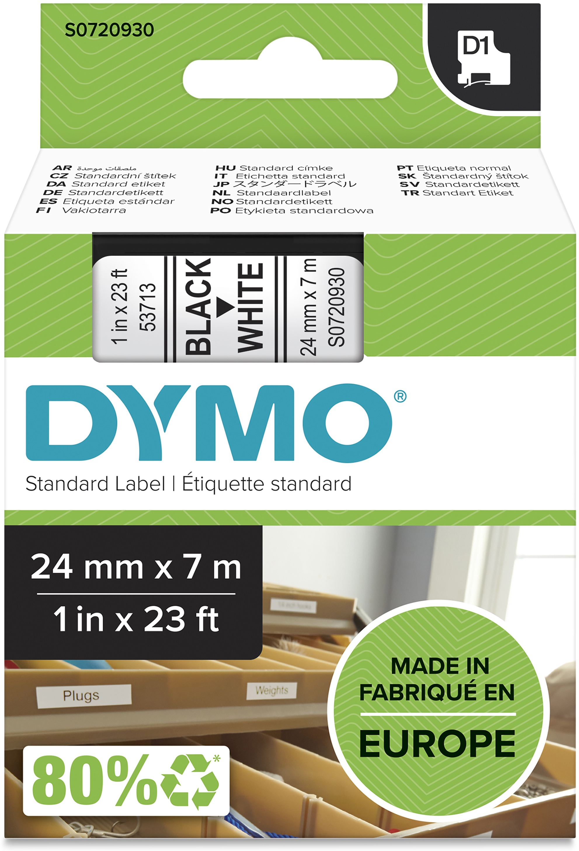 Dymo Schriftband D1 53713 | 24 mm | Schwarz auf Weiß | 7 m