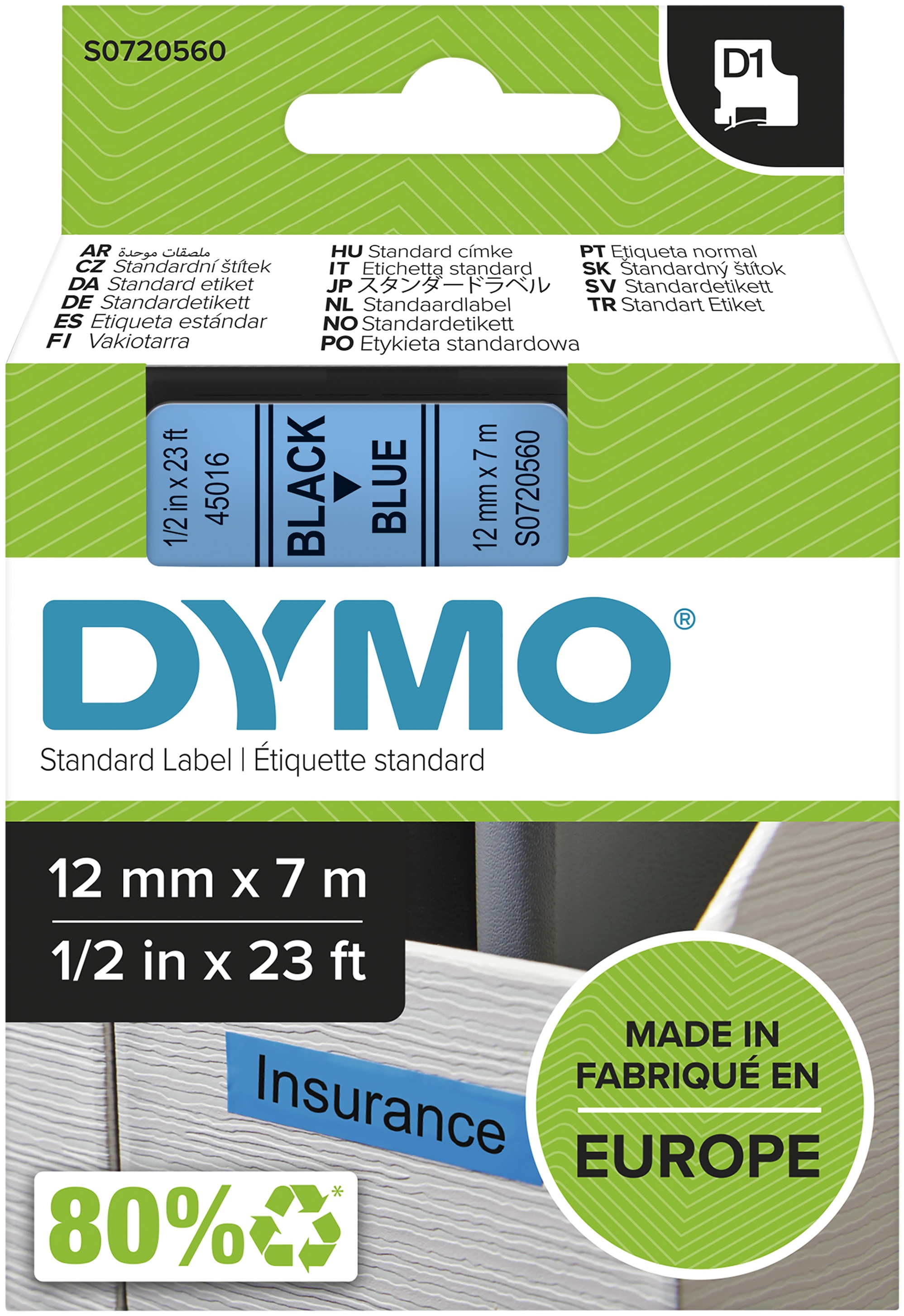 Dymo Schriftband D1 45016 | 12 mm | Schwarz auf Blau | 7 m