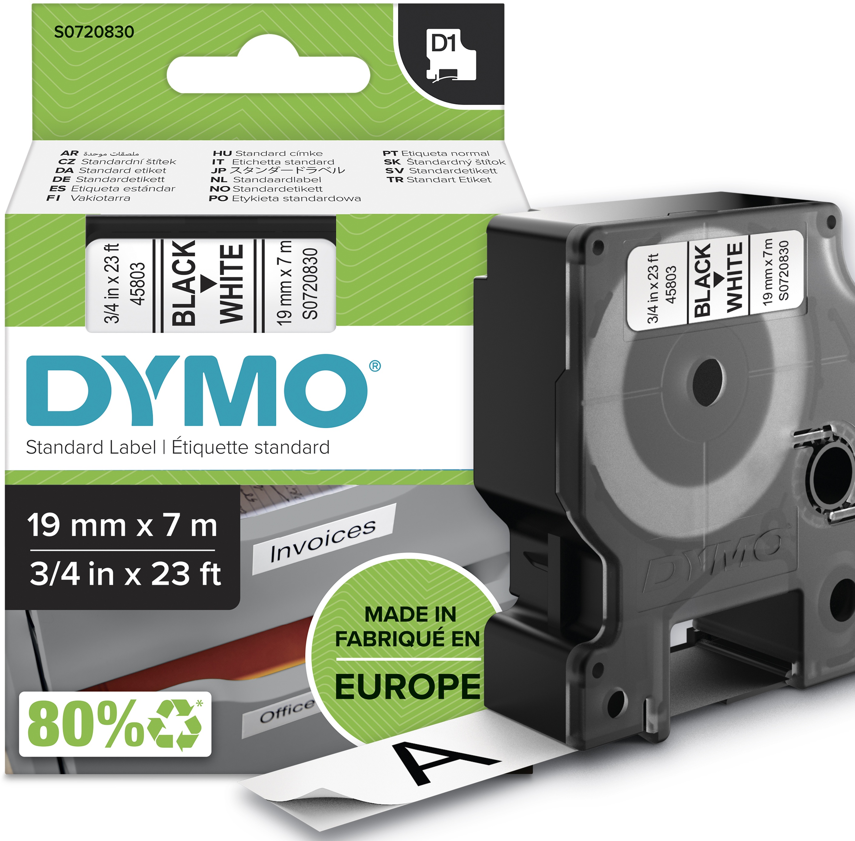 Dymo Schriftband D1 S0720830 | 19 mm | Schwarz auf Weiß | 7 m