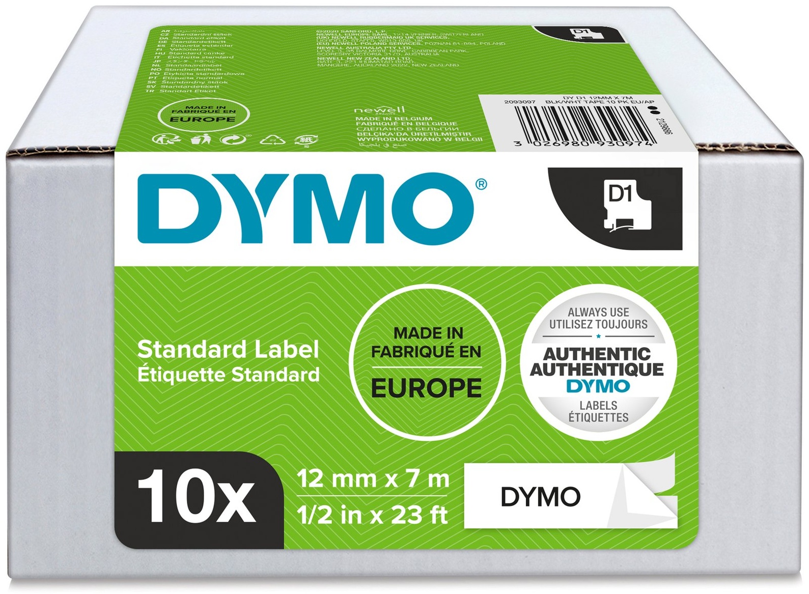 Dymo Schriftband D1 45013 (10 St.) | 12 mm | Schwarz auf Weiß | 7 m