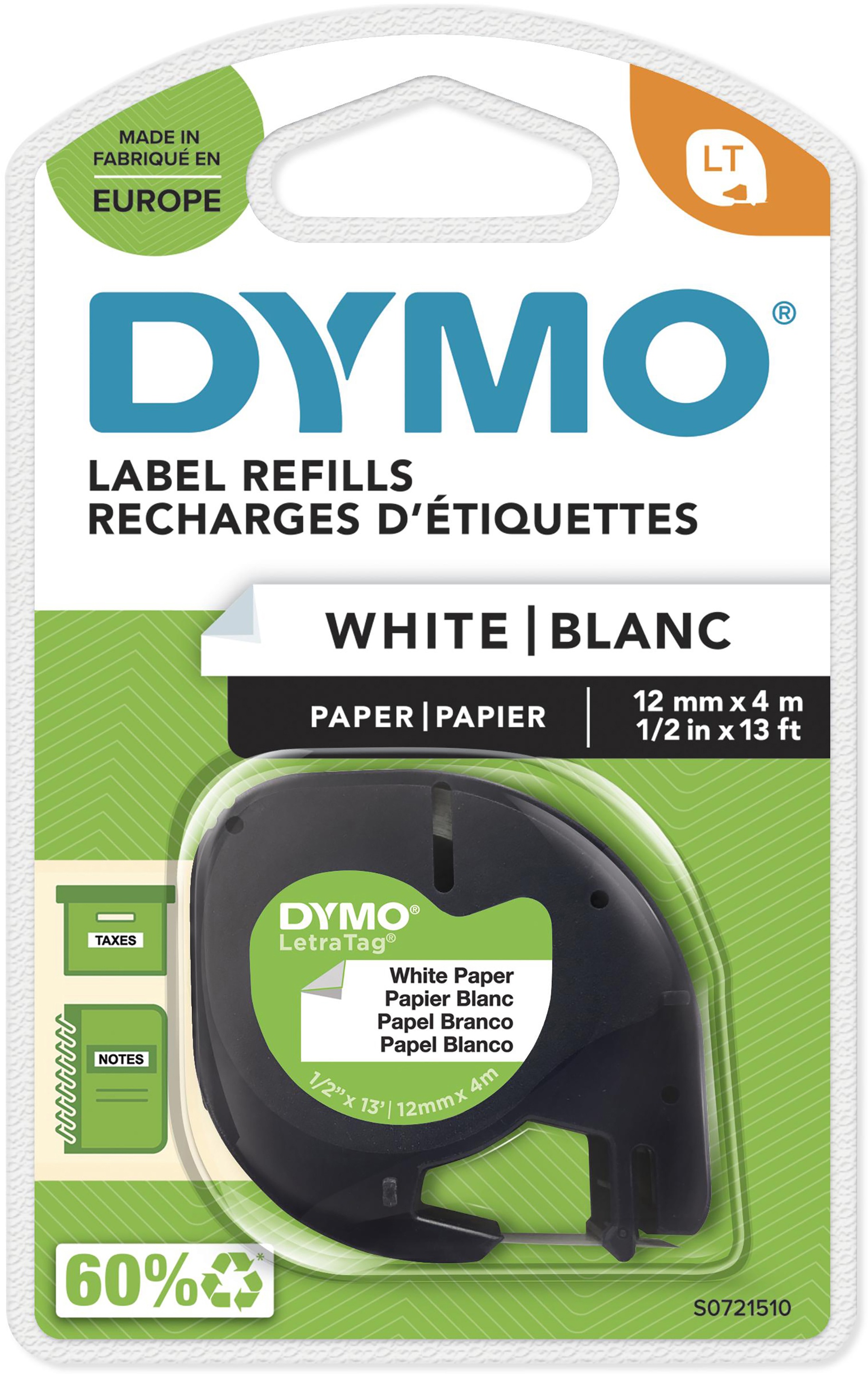 Dymo Schriftband LetraTag 91220 | 12 mm | Schwarz auf Weiß | 4 m