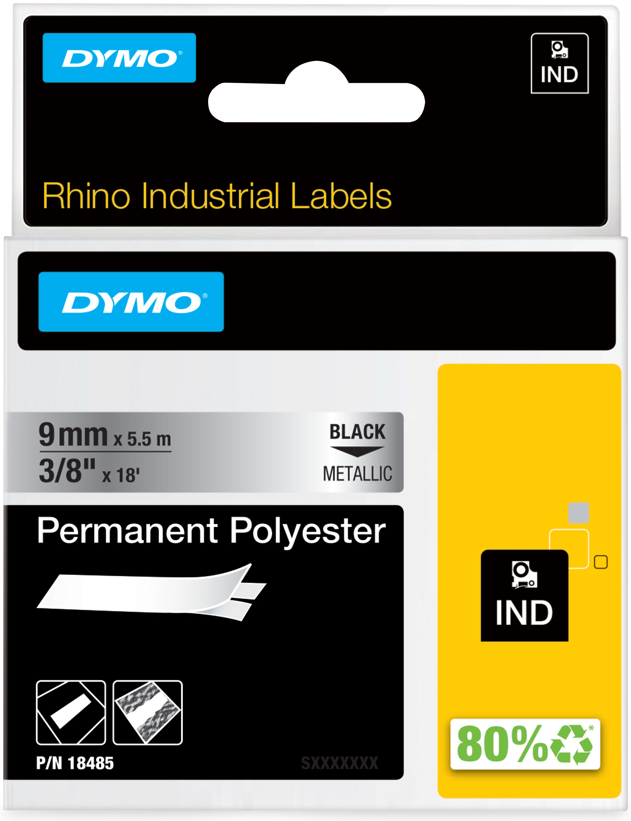 Dymo Schriftband RHINO 18485 | 9 mm | Schwarz auf Silber | 5.5 m