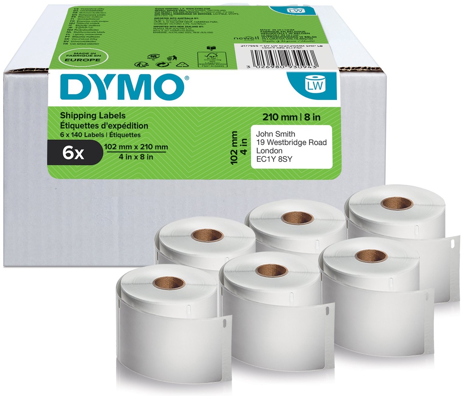 Dymo Etikettenrolle 2177565 (6 Rollen) | 102x210 mm | Weiß