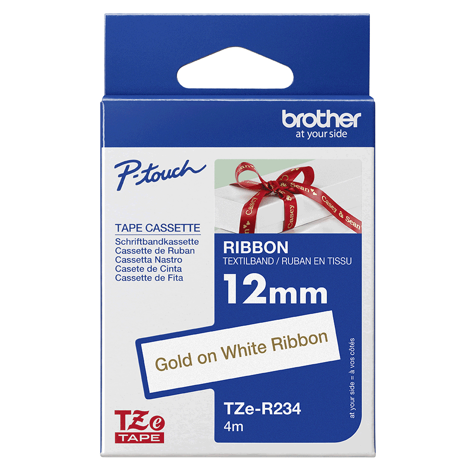 Brother Schriftband TZe-R234 | 12 mm | Gold auf Weiß | 4 m