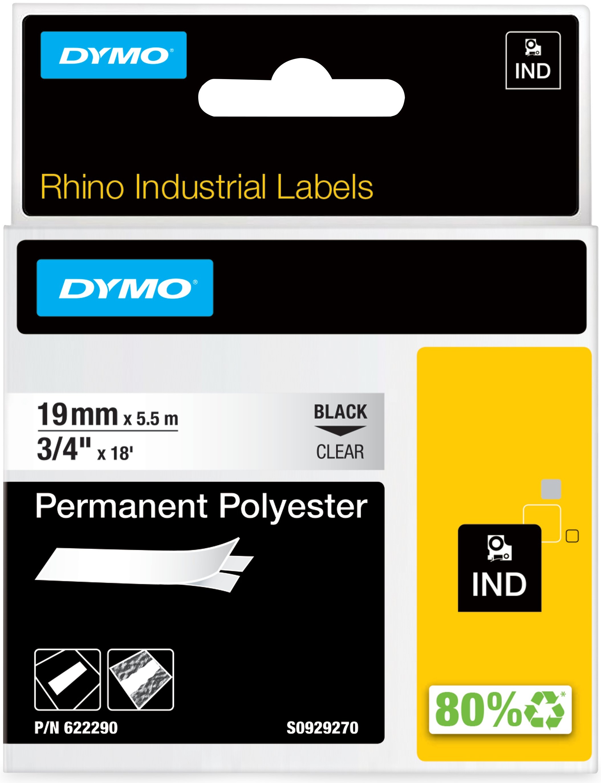 Dymo Schriftband RHINO 622290 | 19 mm | Schwarz auf Transparent | 5.5 m