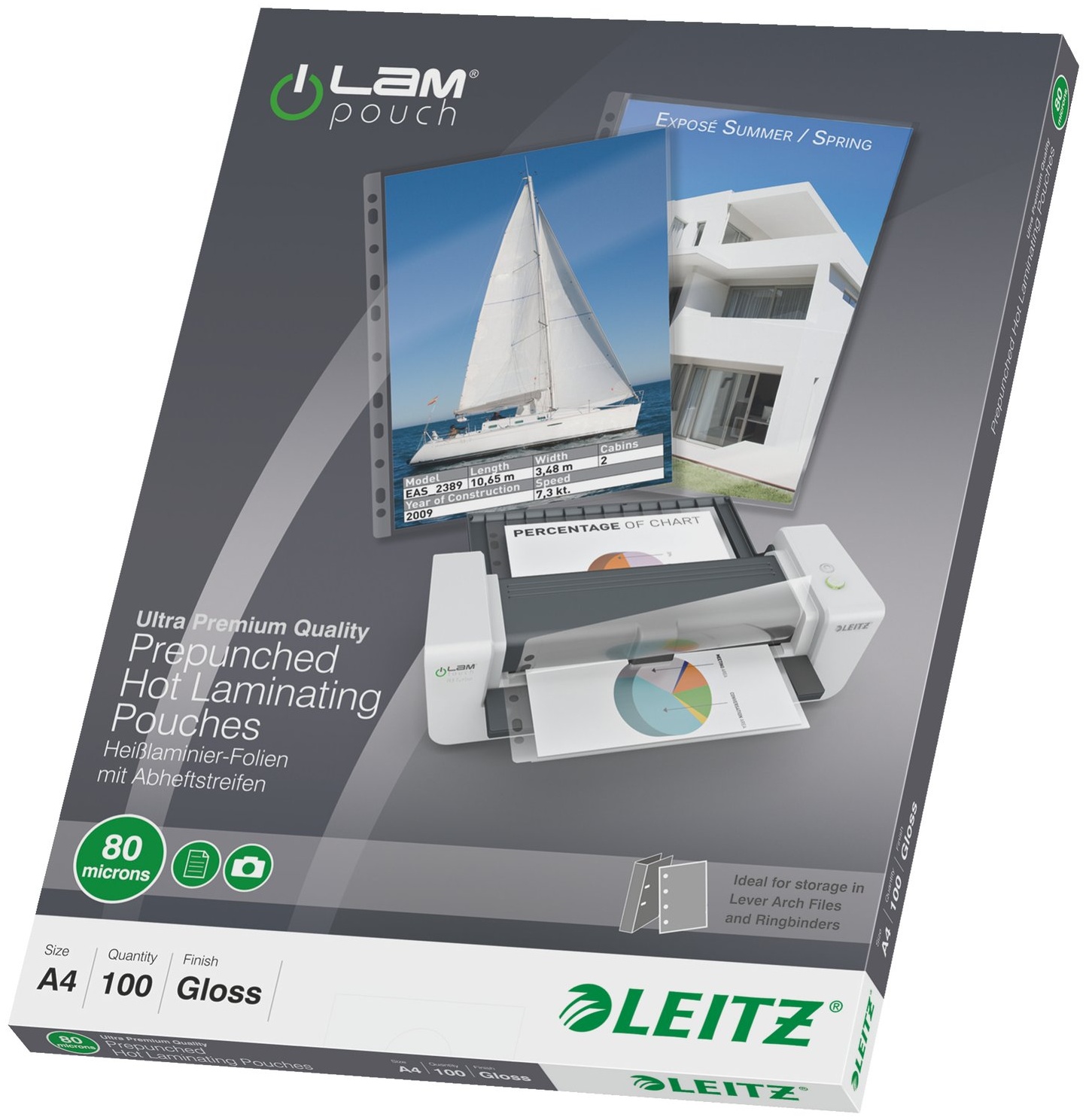 Leitz Laminierfolien A4 | 80 µm | glänzend | 100 Stück | Lochung