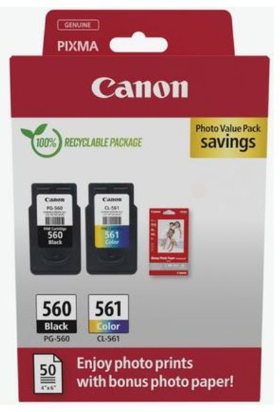 Canon PG-560 + CL-561  schwarz, color Druckköpfe + Fotopapier, 2er-Set