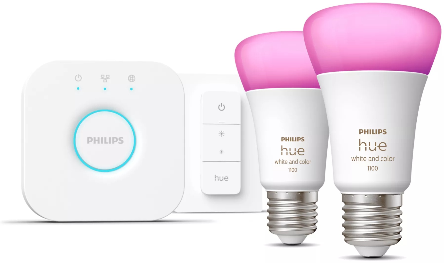 Philips Hue Starter-Set mit Dimmschalter Glühbirne | 2 Stück | E27 | Farbig | Weiß