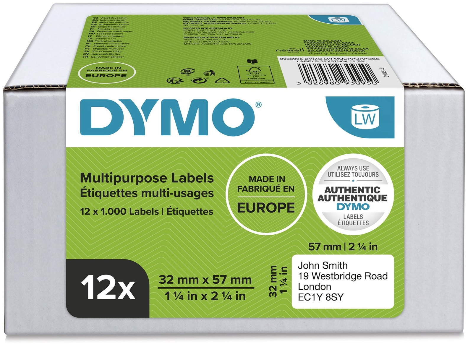 Dymo Etikettenrolle S0722540 (12 Rollen) | 57x32 mm | Weiß