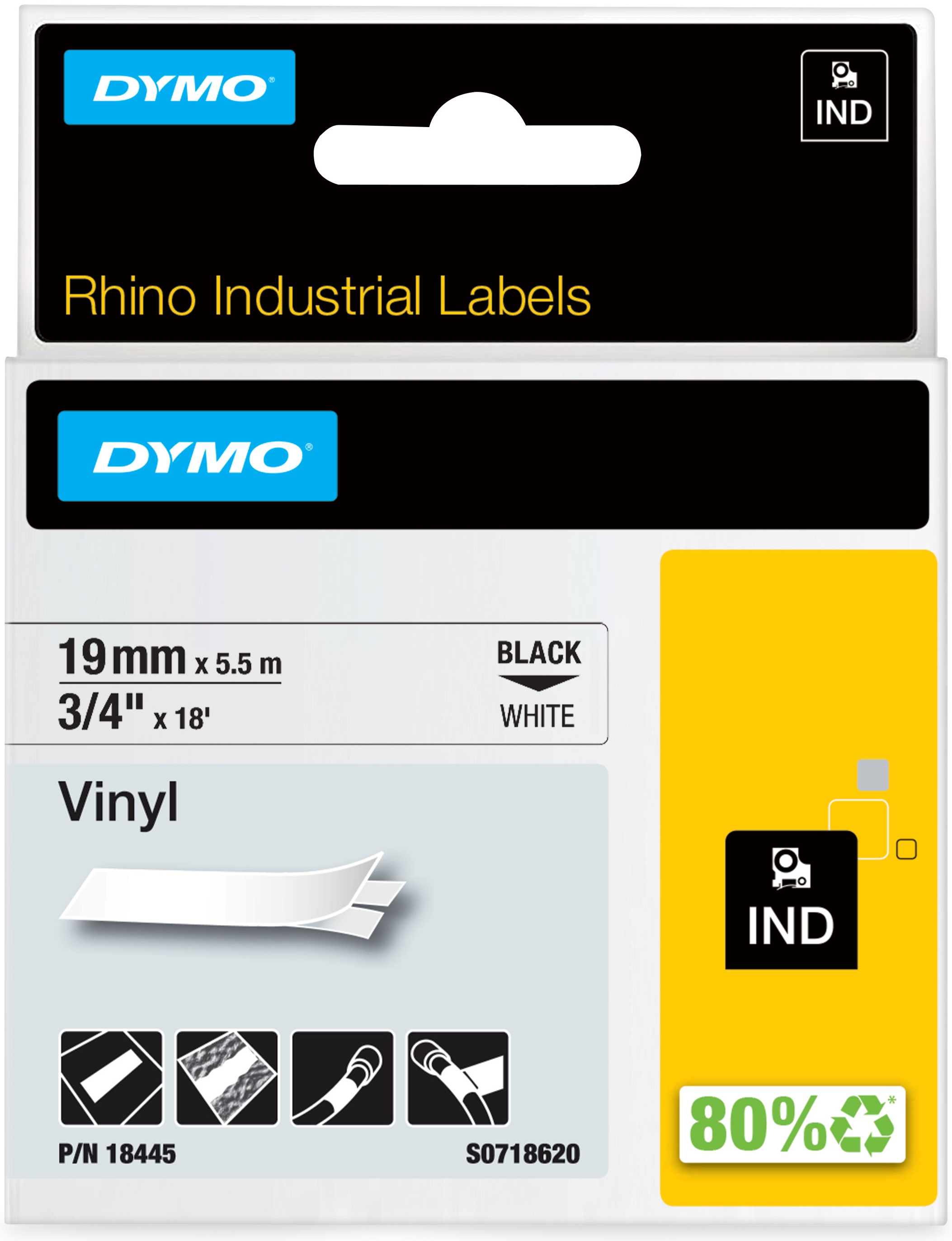 Dymo Schriftband RHINO 18445 | 19 mm | Schwarz auf Weiß | 5.5 m
