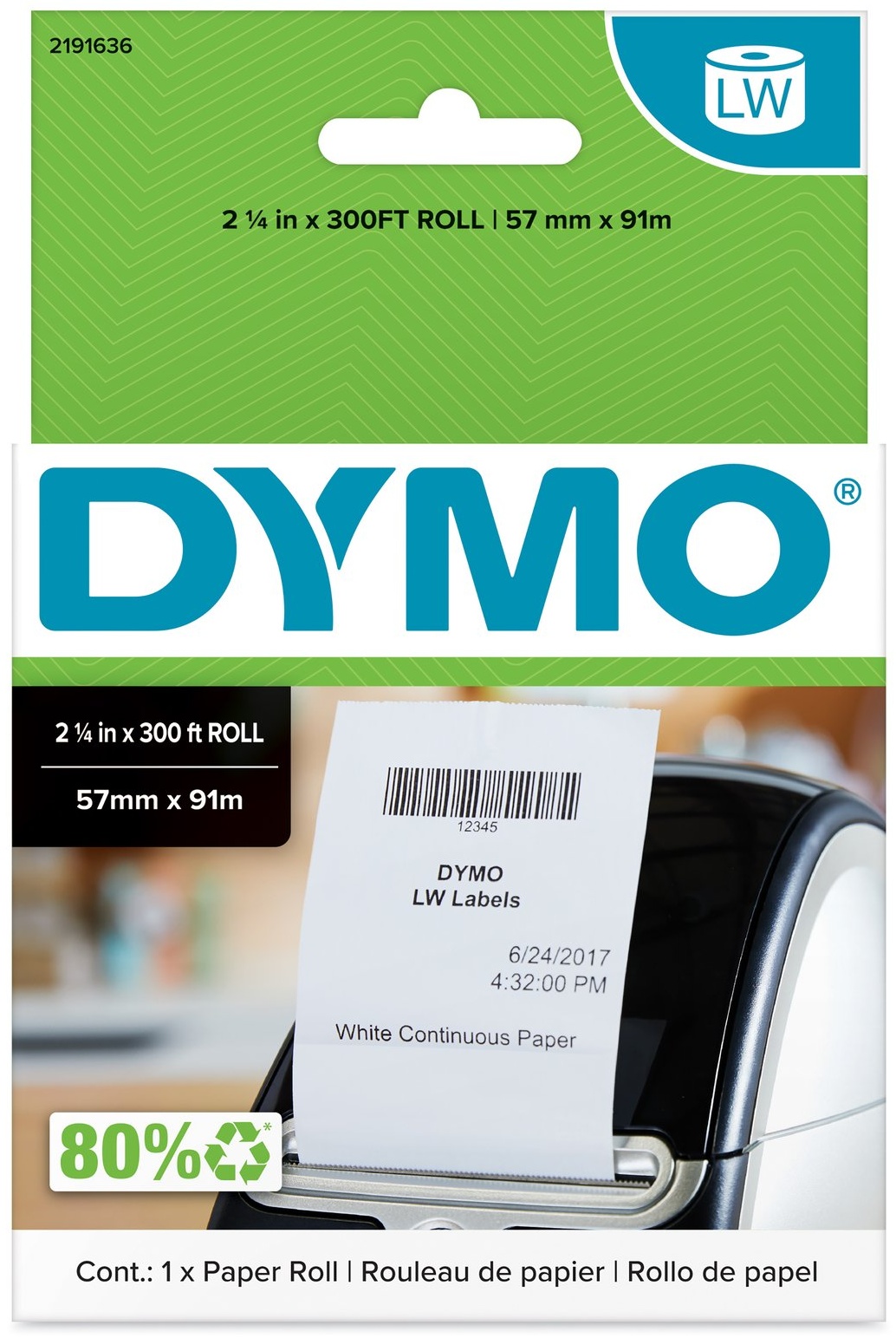 Dymo Endlosrolle 2191636 | 57 mm | Weiß | Papier nicht klebend