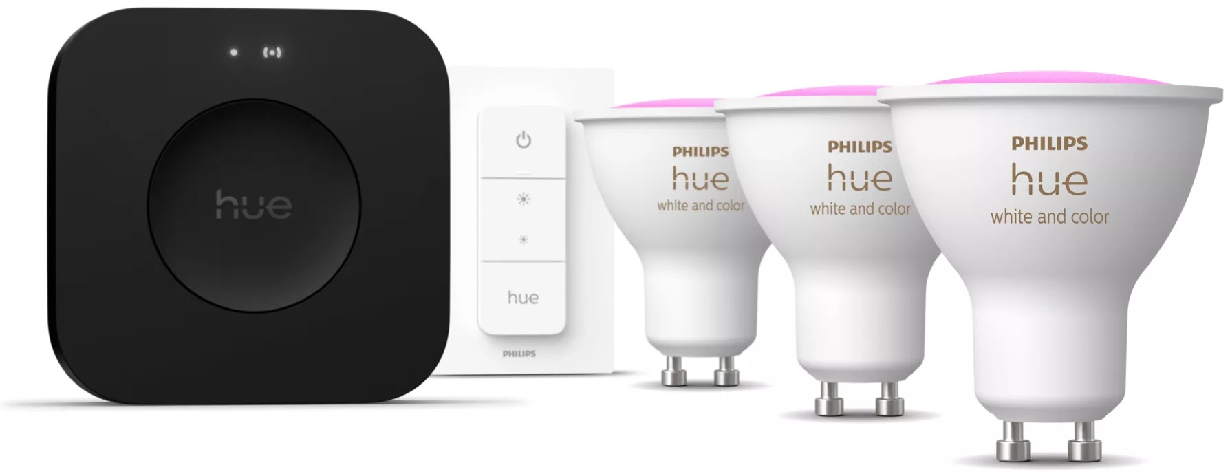 Philips Hue Starter-Set mit Dimmschalter + Bridge Pro Glühbirne | 3 Stück | GU10 | Farbig | Schwarz