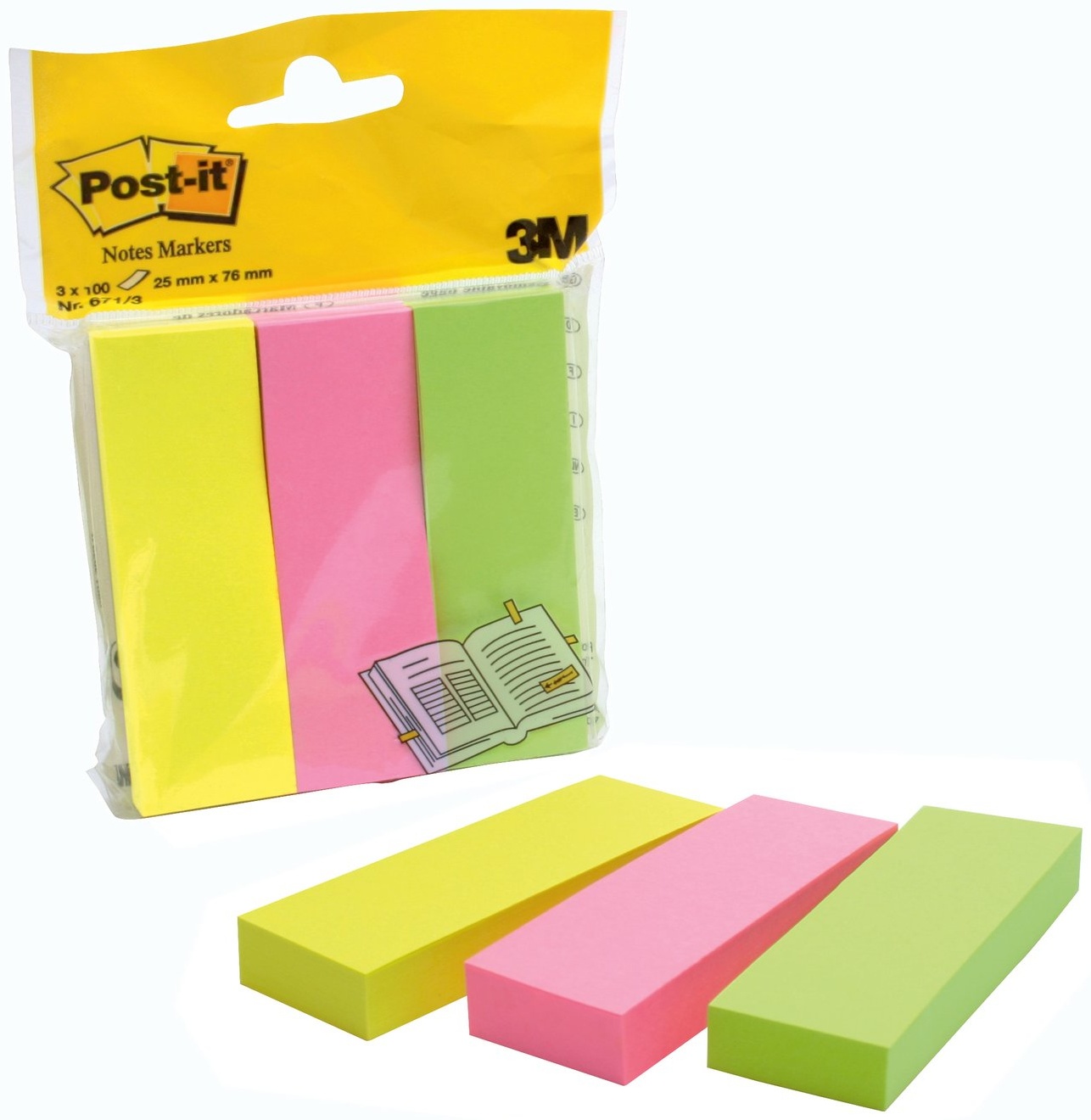 Post-it® Haftnotizen Notes Markers Haftmarker farbsortiert 3x 100 Streifen | Grün, Pink, Gelb | 100 Blatt/Block