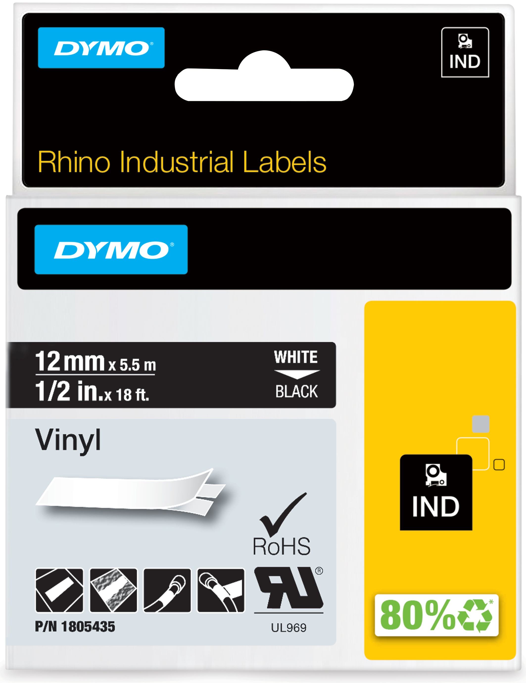 Dymo Schriftband RHINO 1805435 | 12 mm | Weiß auf Schwarz | 5.5 m