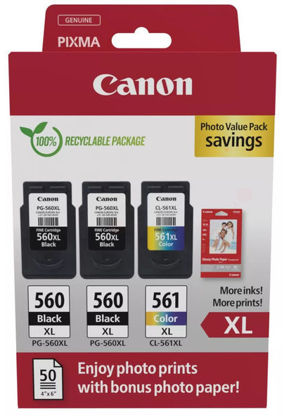 Canon PG-560XLx2/CL-561XL  schwarz, color Druckköpfe + Fotopapier, 3er-Set