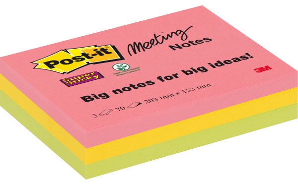 Post-it® Haftnotizen Super Sticky Meeting Notes | Mehrfarbig | 70 Blatt/Block | 3er-Pack