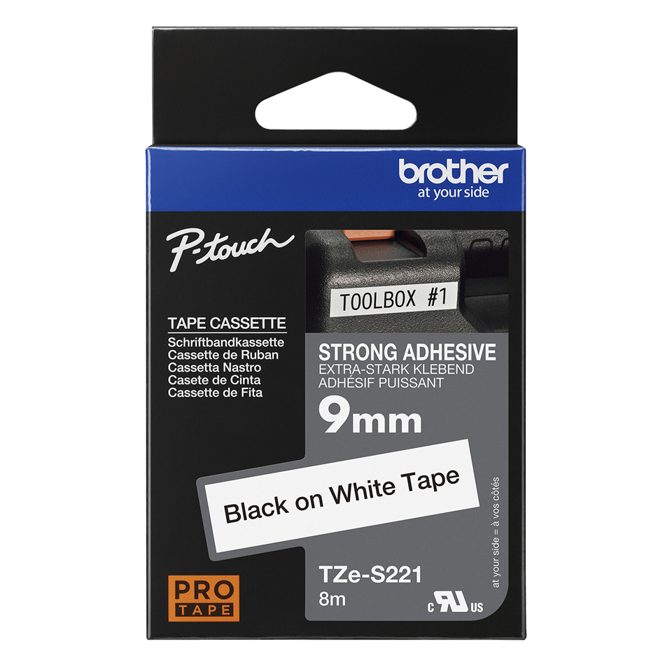 Brother Schriftband TZe-S221 | 9 mm | Schwarz auf Weiß | 8 m