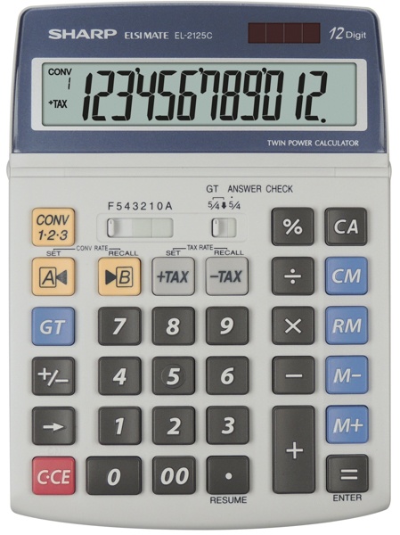 Sharp EL2125C 12 stellige, bewegliche Anzeige Tischrechner | 12 Stellen | Solar + Batterie | Steuerberechnung | Schwarz/Blau