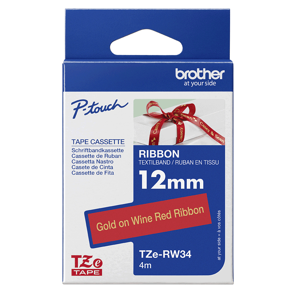 Brother Schriftband TZe-RW34 | 12 mm | Gold auf Rot | 4 m