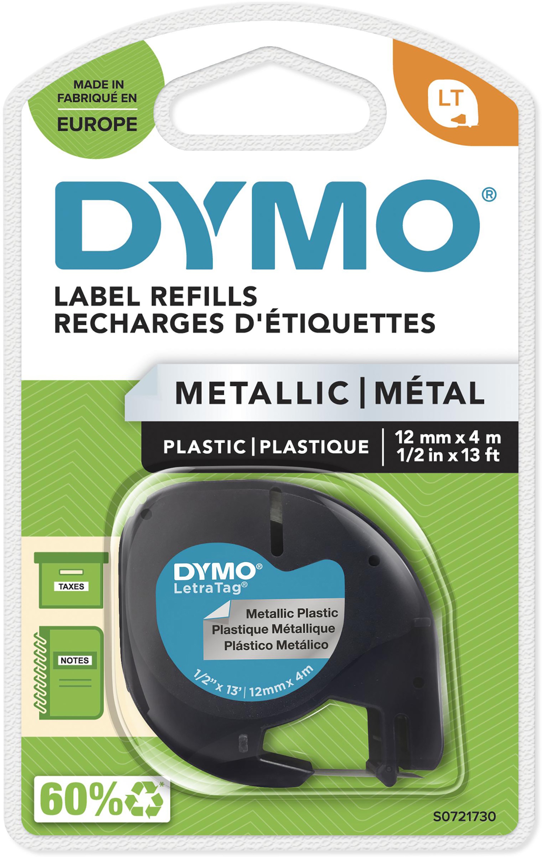 Dymo Schriftband LetraTag 91228 | 12 mm | Schwarz auf Silber | 4 m