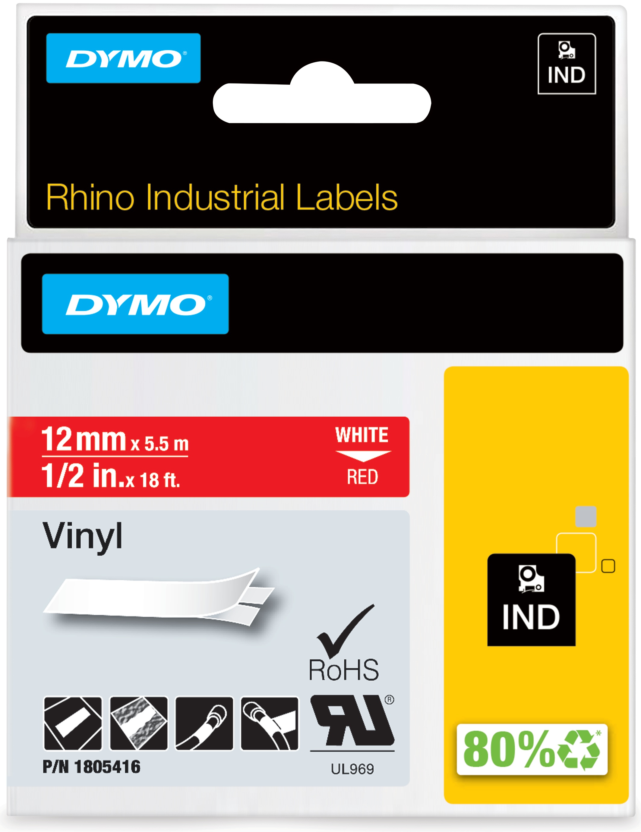 Dymo Schriftband RHINO 1805416 | 12 mm | Weiß auf Rot | 5.5 m